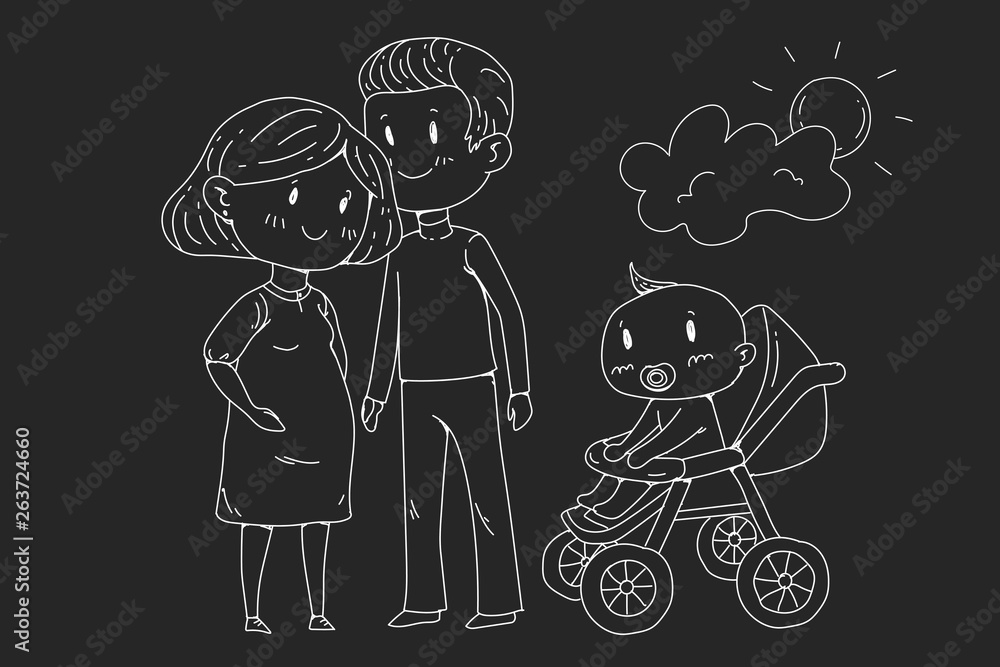 Cartoon family with pregnant woman and little children. Cartoon family with pregnant woman and little children.