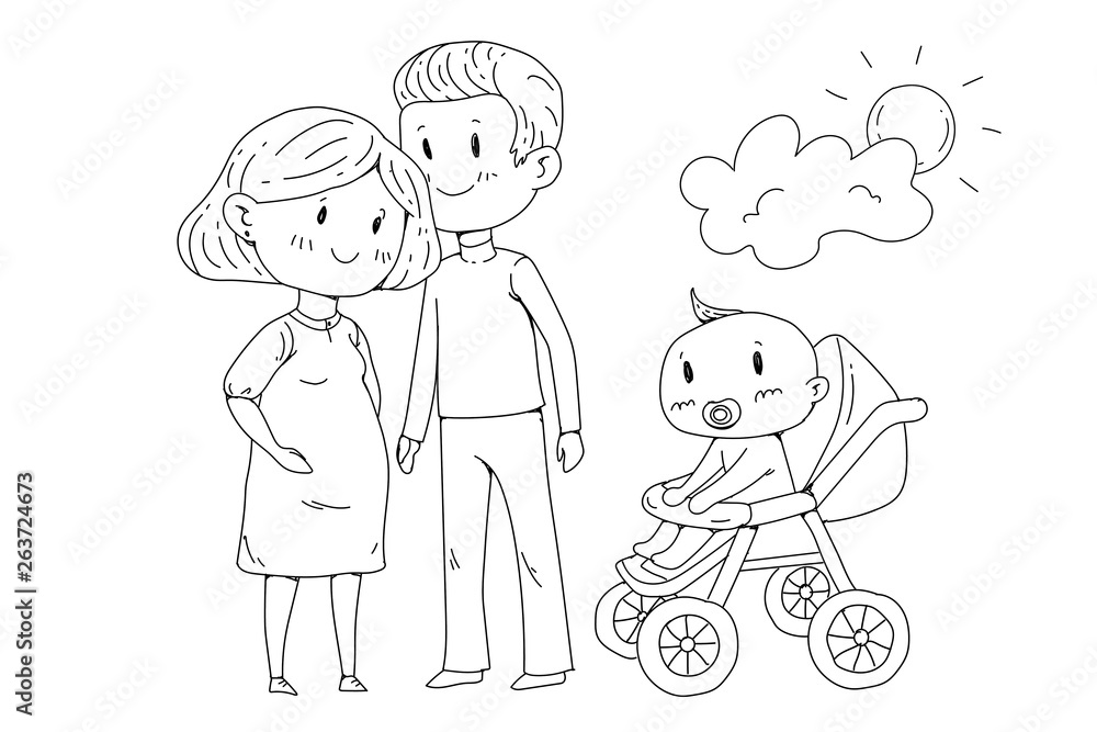 Cartoon family with pregnant woman and little children. Cartoon family with pregnant woman and little children.
