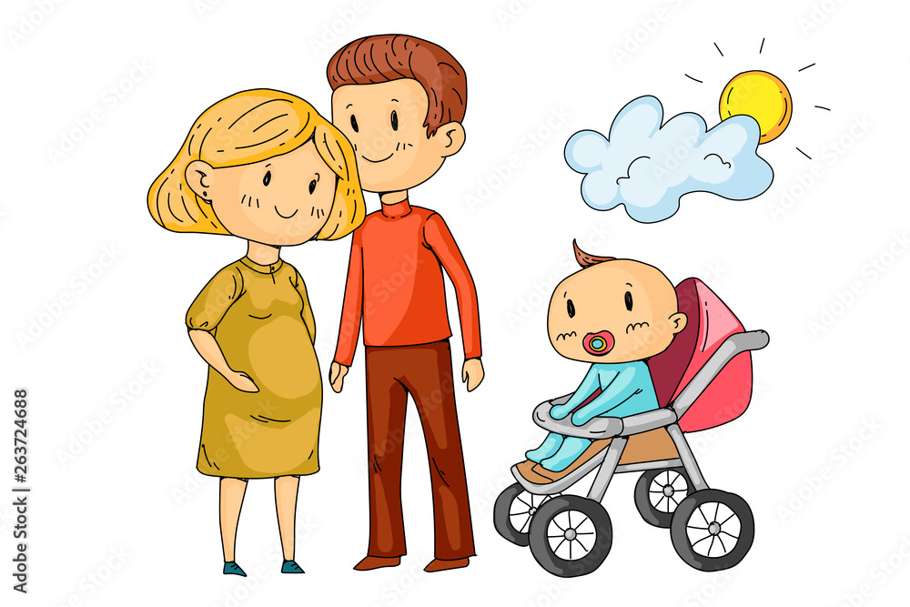 Cartoon family with pregnant woman and little children. Cartoon family with pregnant woman and little children.