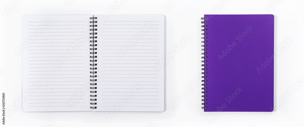 Business concept - Top view collection of spiral kraft notebook front, purple And white open page isolated on background for mockup Business concept - Top view collection of spiral kraft notebook front, purple And white open page isolated on background for mockup