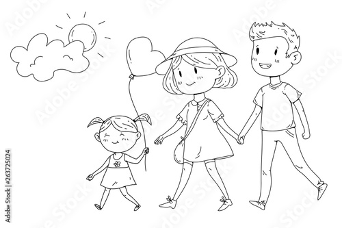 Young happy family walking in park with little children