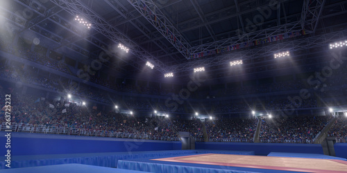 Professional gymnastic gym. Tribunes with fans. 3D illustration © Alex