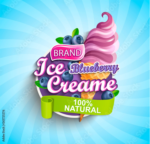 Blueberry Ice cream logo on sunburst background with berries and sundae in cone in cartoon style for your design.Gelato for banner,poster,brand,template and label,packaging,packing, emblem. Vector