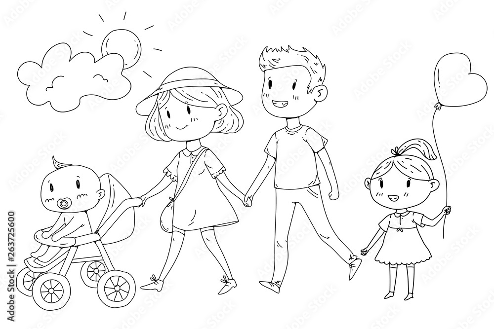 Young happy family walking in park with little children