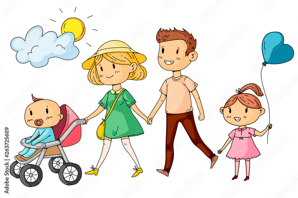 Young happy family walking in park with little children