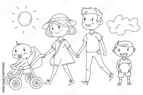 Young happy family walking in park with little children