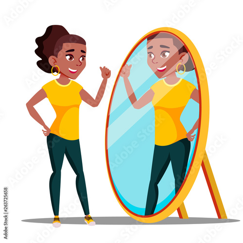 Character Woman Watch Mirror And Admires Vector. Narcissistic Girl Speaking With Reflection In Mirror, Self-confidence. Motivation Egotistical Concept. Isolated Flat Cartoon Illustration photo