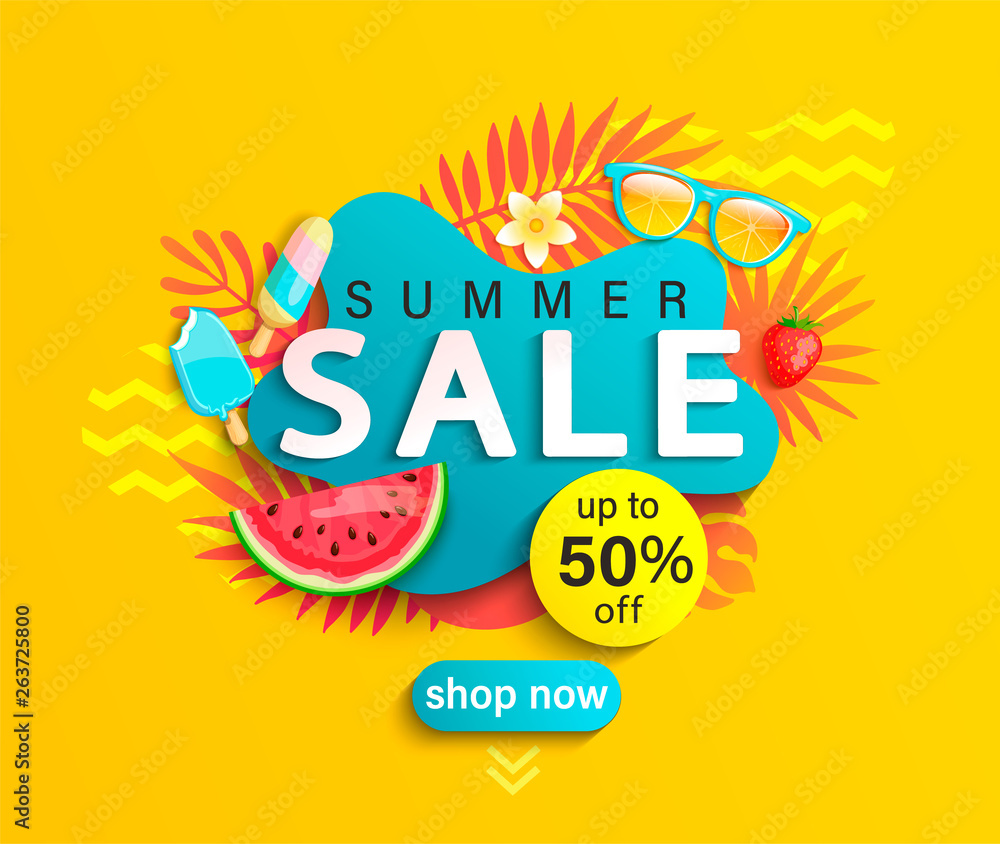 Vetor de Summer Sale banner, hot season discount poster with tropical  leaves,ice cream,watermelon, strawberries,sunglasses.Invitation for  shopping with 50 percent off. special offer card, template for design. do  Stock