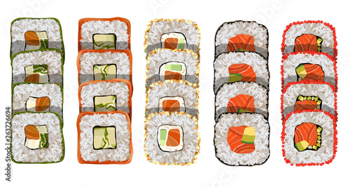 Maki roll with salmon and avocado Delicious japanese food with sushi roll.