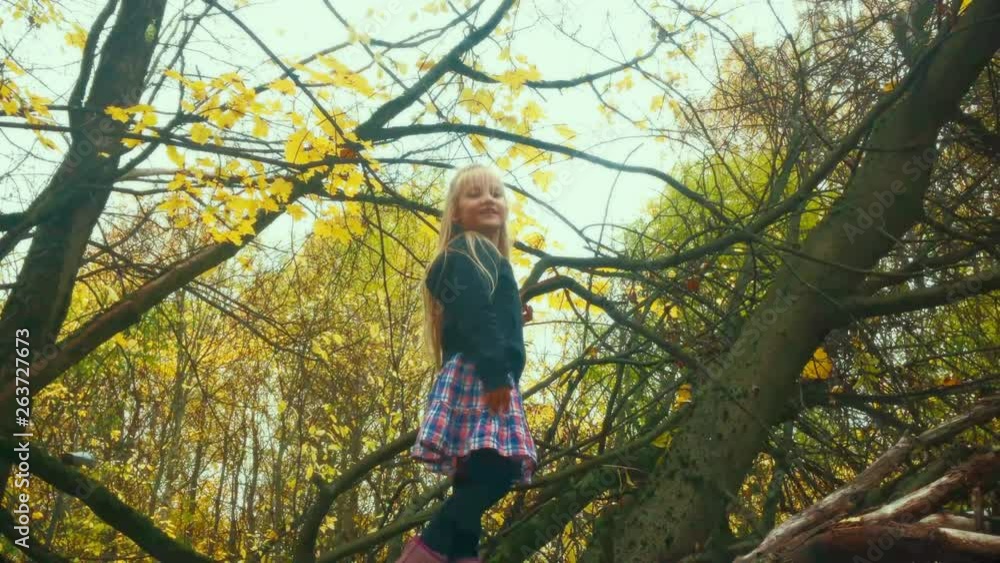 Camera walking away from girl on a tree in a forest during autumn. Camera walking away from girl on a tree in a forest during autumn.
