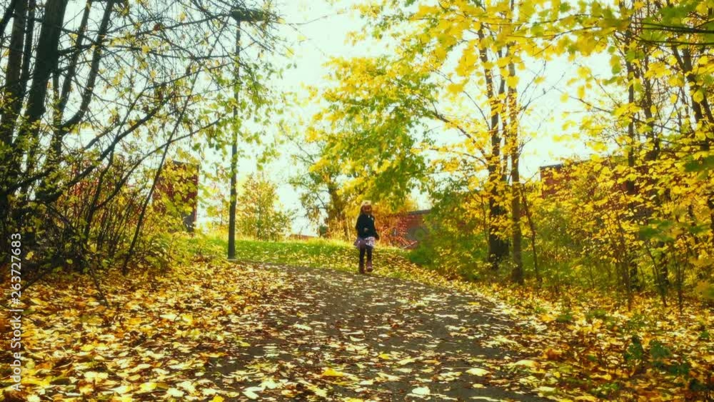 Low shot of a little girl running towards camera in slow motion in a forest full of fallen leaves. Low shot of a little girl running towards camera in slow motion in a forest full of fallen leaves.