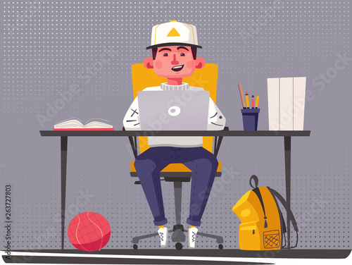 Student or schoolboy studying at the computer. Cartoon vector illustration