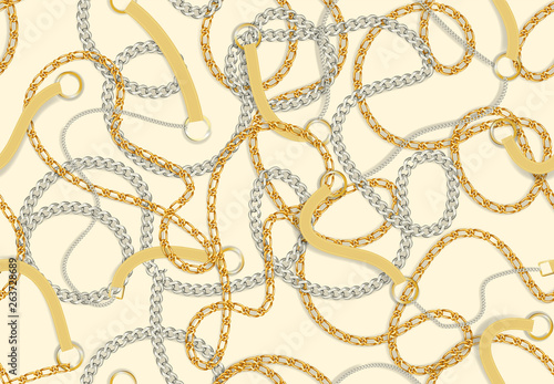 Seamless Baroque print with golden realistic chains, belts for fabric design. Seamless  vector pattern