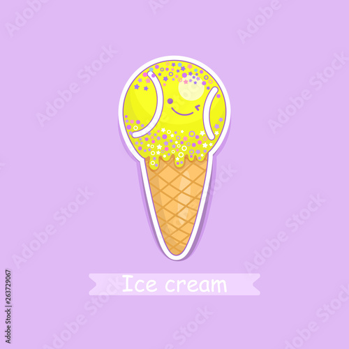 Cute ice cream. Summer illustration for tennis. Sports Print for children's T-shirts, for design birthday, party. Kawaii vector, sweet sticker..