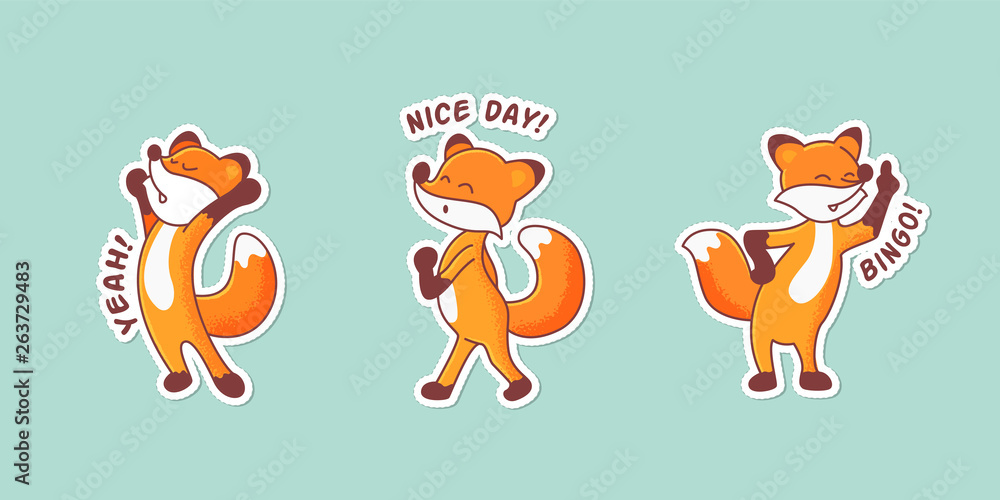 Set of three hand-drawn foxes. Colorful patch badges with animals' emotions. Sticker pack with captions: yeah, nice day, bingo. Morning Stretch, whistling and vigorous fox, pointing to the sky. Part 3