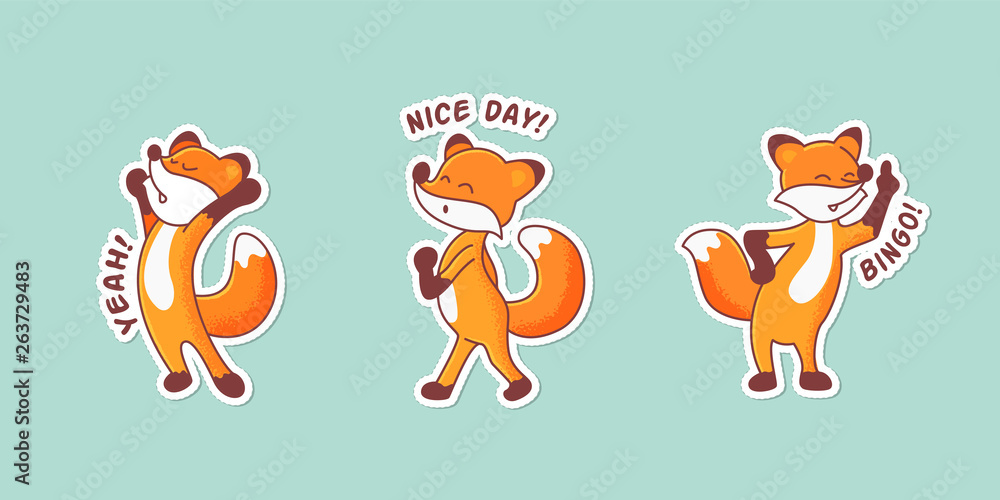 Set of three hand-drawn foxes. Colorful patch badges with animals' emotions. Sticker pack with captions: yeah, nice day, bingo. Morning Stretch, whistling and vigorous fox, pointing to the sky. Part 3 Set of three hand-drawn foxes. Colorful patch badges with animals' emotions. Sticker pack with captions: yeah, nice day, bingo. Morning Stretch, whistling and vigorous fox, pointing to the sky. Part 3
