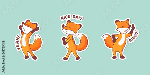 Set of three hand-drawn foxes. Colorful patch badges with animals' emotions. Sticker pack with captions: yeah, nice day, bingo. Morning Stretch, whistling and vigorous fox, pointing to the sky. Part 3