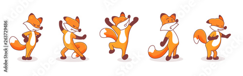 Set of five hand-drawn foxes. Illustrations with animals' emotions. Sticker pack isolated on white background. Animal with arms akimbo, Karate fox, inspired, surprised and calming someone characters.