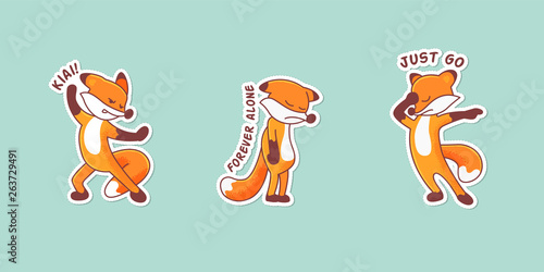 Set of three hand-drawn foxes. Colorful patch badges with animals' emotions. Sticker pack with captions: kiai, forever alone, just go. Karate fox, sad character and banishing someone animal. Part 5.