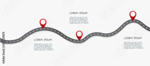 Infographic design template with place for your text. Asphalt road with three pin on it. Vector illustration. photo