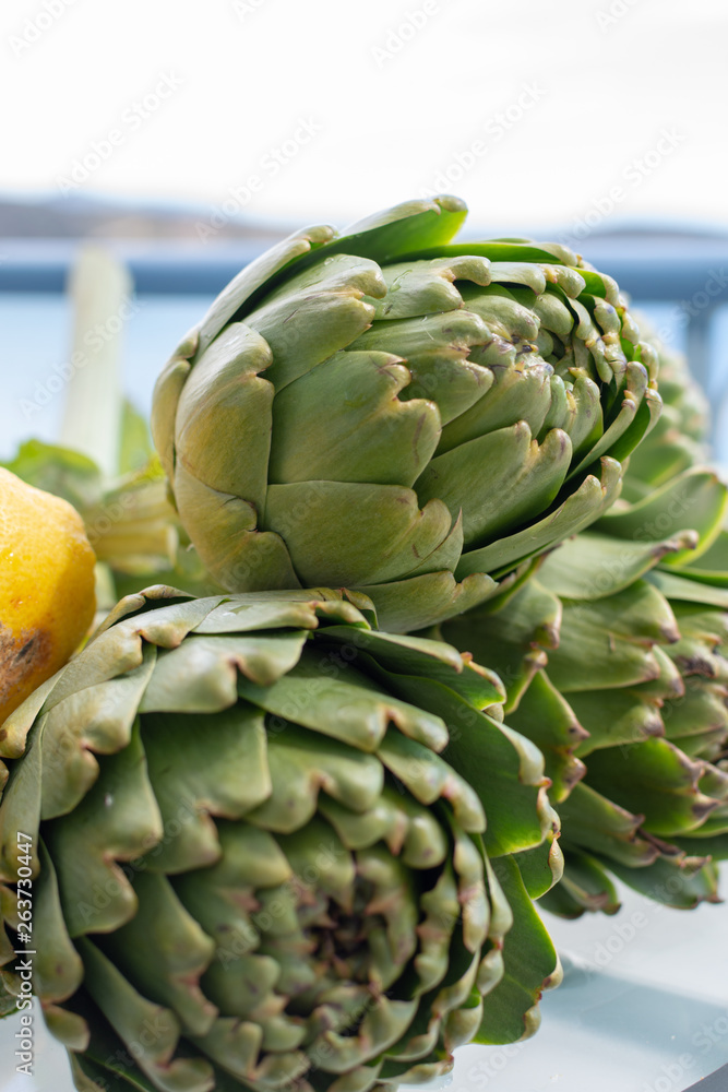 Heads flowers of fresh raw artichokes plants from artichoke plantation in Argolida, Greece ready to cook with lemon Heads flowers of fresh raw artichokes plants from artichoke plantation in Argolida, Greece ready to cook with lemon