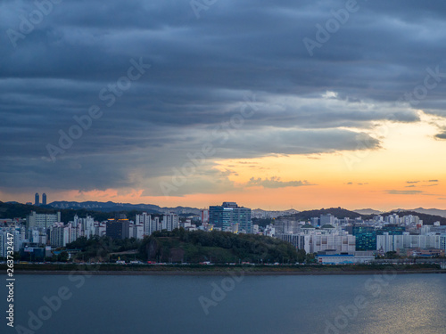 Beautiful city landscape with sunset over building by the river in evening time at Seoul  South Korea