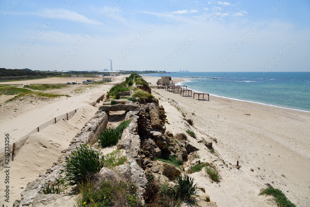Roman aqueduct beach Caesarea Maritima Israel