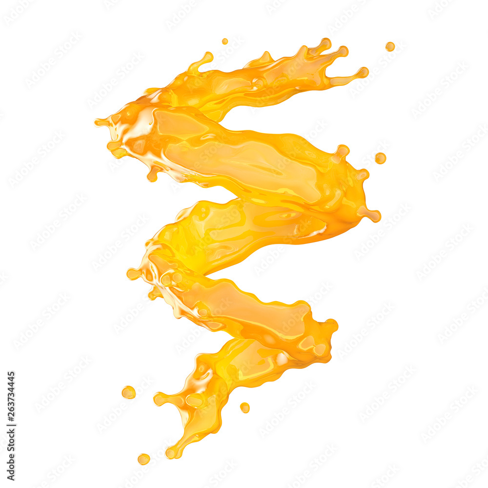 Sweet fresh orange fruit juice splash swirl. Fruits juice splashing