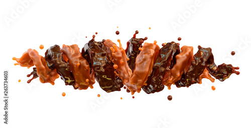 Liquid dark chocolate and caramel sauce swirls splashes twisted in two spirals form. Сombination of caramel and chocolate flavors. Clipping path. 3D render