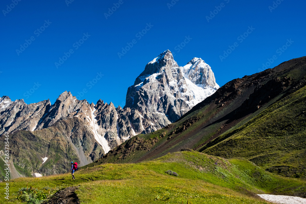 Fototapeta premium Trekking near mount Ushba, Georgia