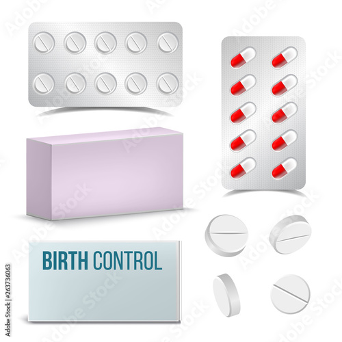 Realistic Female Oral Contraceptive Pills Vector. Contraceptive, Drug And Pills With Clipping Path And Packing On White Background. Medical Healthcare Pharmacy. Flat Cartoon Illustration
