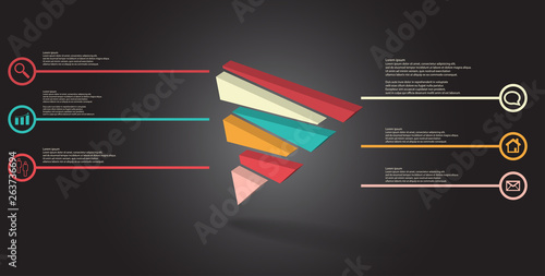 3D illustration infographic template with embossed triangle randomly divided to six shifted parts