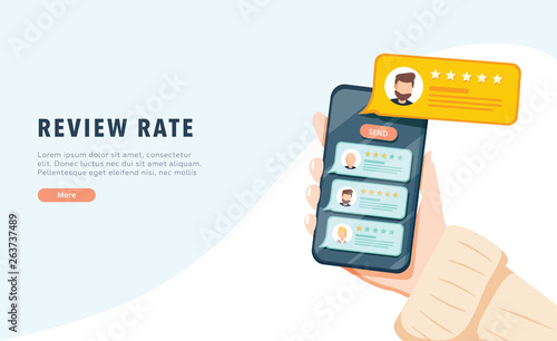Vector of an online application on mobile phone to rate and review customer service, product or experience. App reviews photo