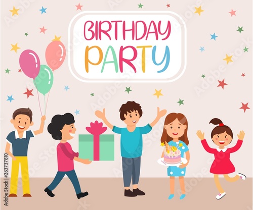 Lettering Birthday Party Cartoon Flat Banner. 