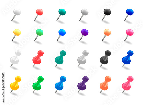 .A set of push pins. Thumbtack pins colored.