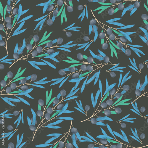 Olive pattern digital clip art watercolor drawing flowers, fabric, textile and box illustration similar on black background photo