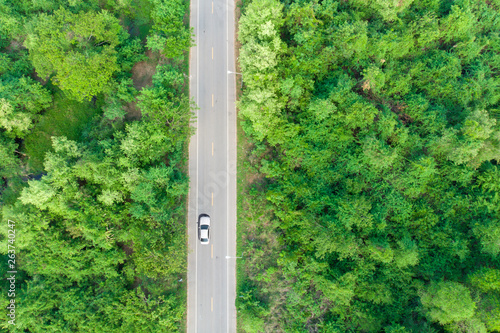 Aerial view of the road passing the forest  with a car passing by