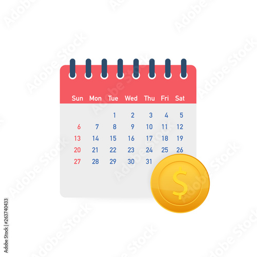 Financial calendar, annual payment day, monthly budget planning, fixed period concept. Vector illustration.