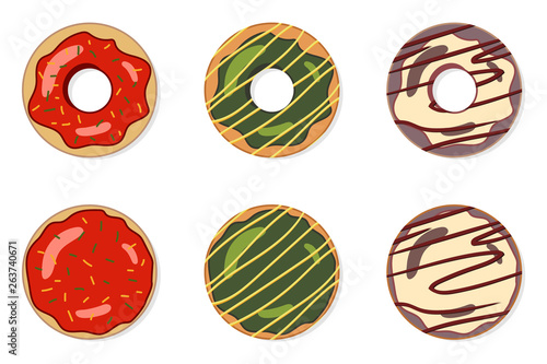 Set of delicious colorful donuts. Tasty bakery product. Food design.  Vector illustration. © tesphoto