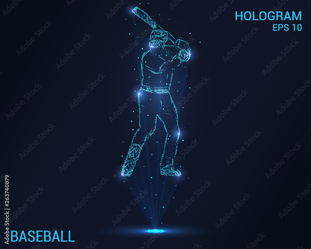 Baseball hologram. Holographic projection of a baseball player. Flickering energy flux of particles. Scientific baseball design.