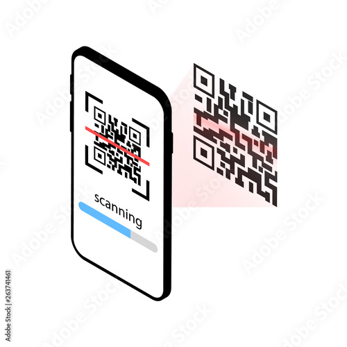 Mobile phone scans qr code. QR scanner. Isometric.