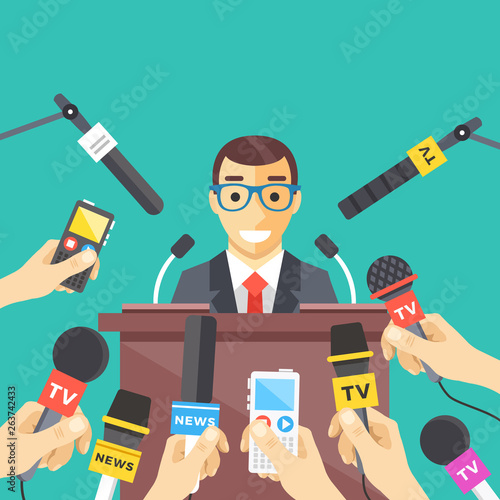 Press conference, interview, news concepts. Hands holding microphones and voice recorders, man standing at tribune with microphones. Flat design. Vector illustration