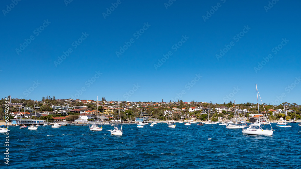 Sailing boats in front of Watsons Bay Australia as seen from the sea