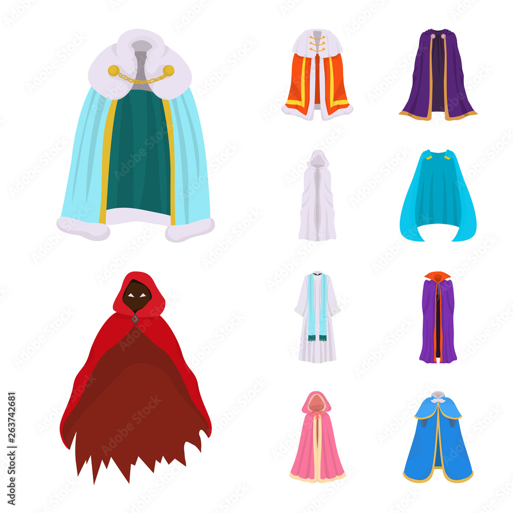 Vector illustration of cloak and clothes sign. Set of cloak and garment stock symbol for web. Vector illustration of cloak and clothes sign. Set of cloak and garment stock symbol for web.