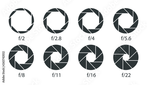 Set of apertures for the lens diaphragm. Camera shutter apertures icons.