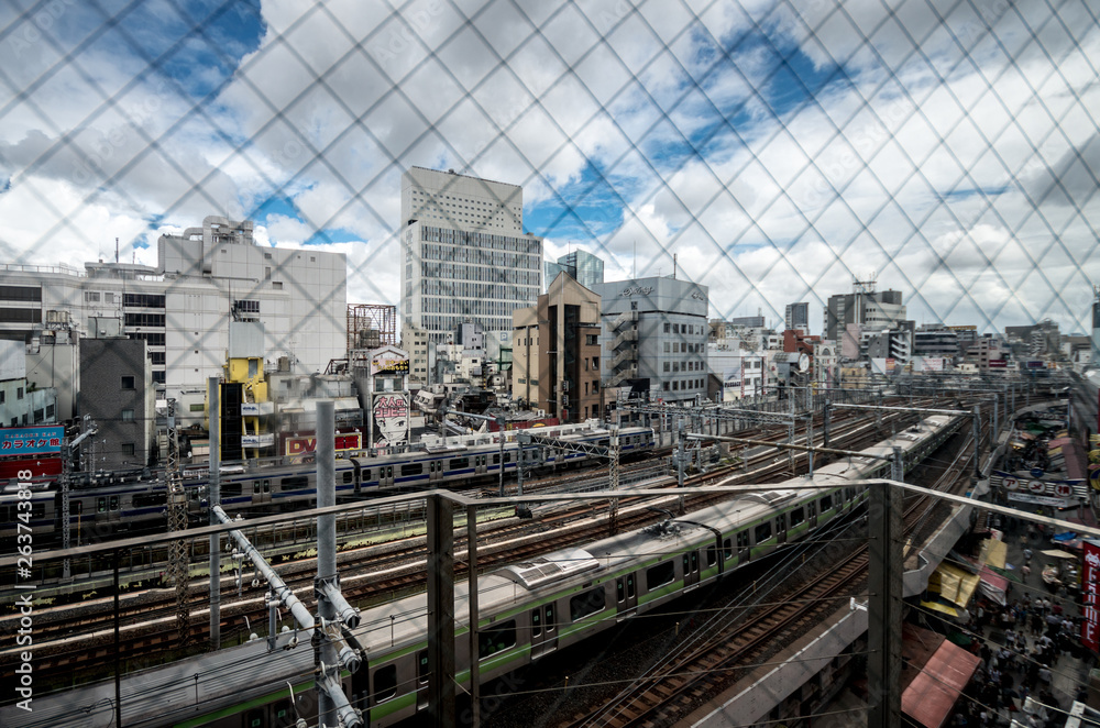 Train tracks crossing the city. View from the iron net. Train tracks crossing the city. View from the iron net.