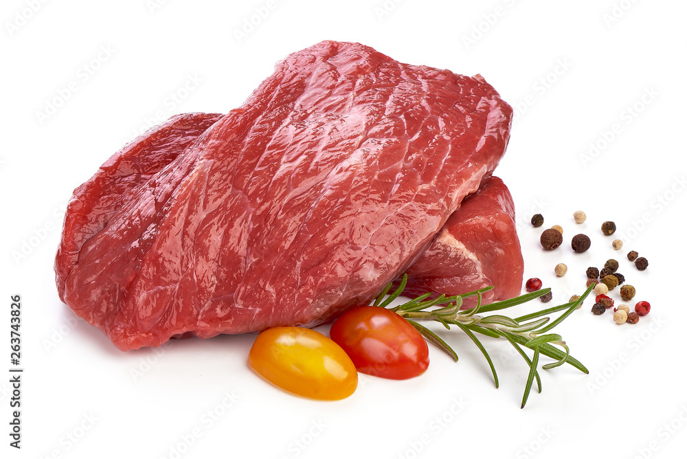 Fresh raw beef steak with spices, sliced meat, close-up, isolated on white background