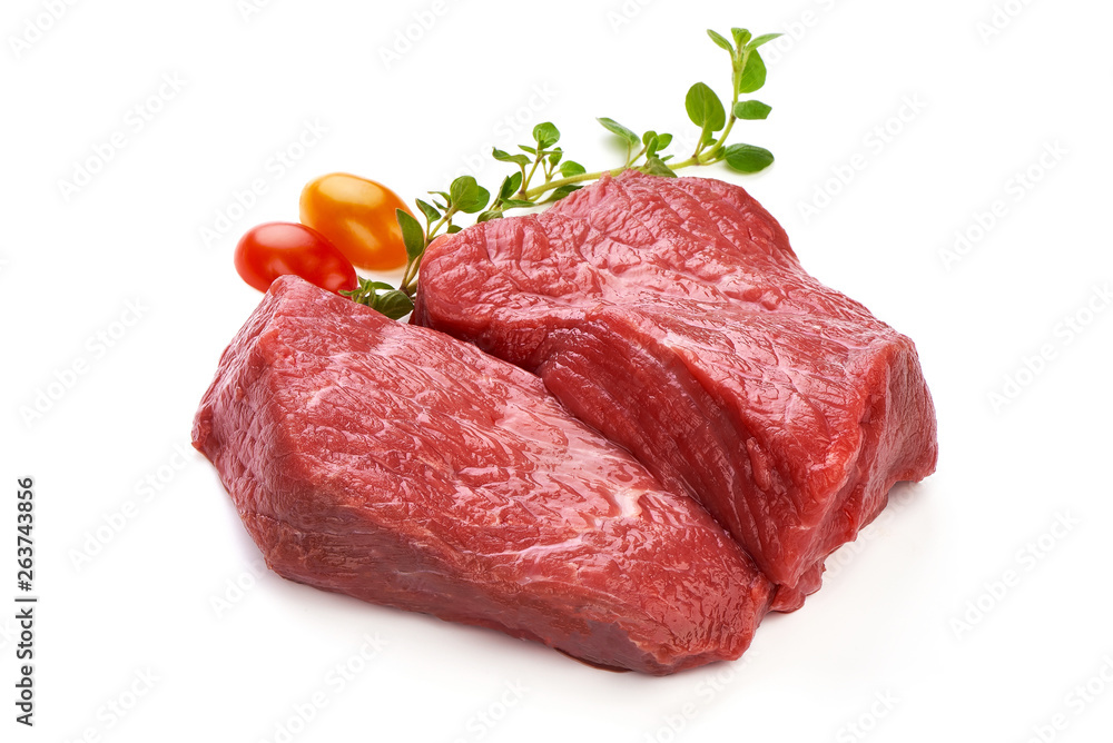 Raw ribeye beef steaks, sliced fresh meat, close-up, isolated on white background