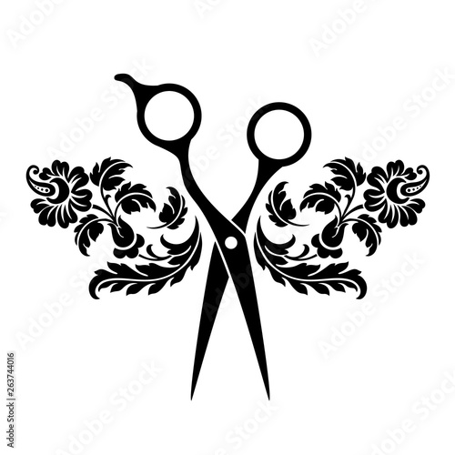 Beauty salon logo, barbershop logotype. Black scissors on white background. Hairdreseser icon.