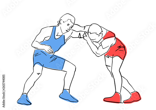 Greco-Roman wrestling. Fight of two wrestlers. Black contour, isolated colors. Vector flat illustration. Athletes in active poses. Sports competition or training.